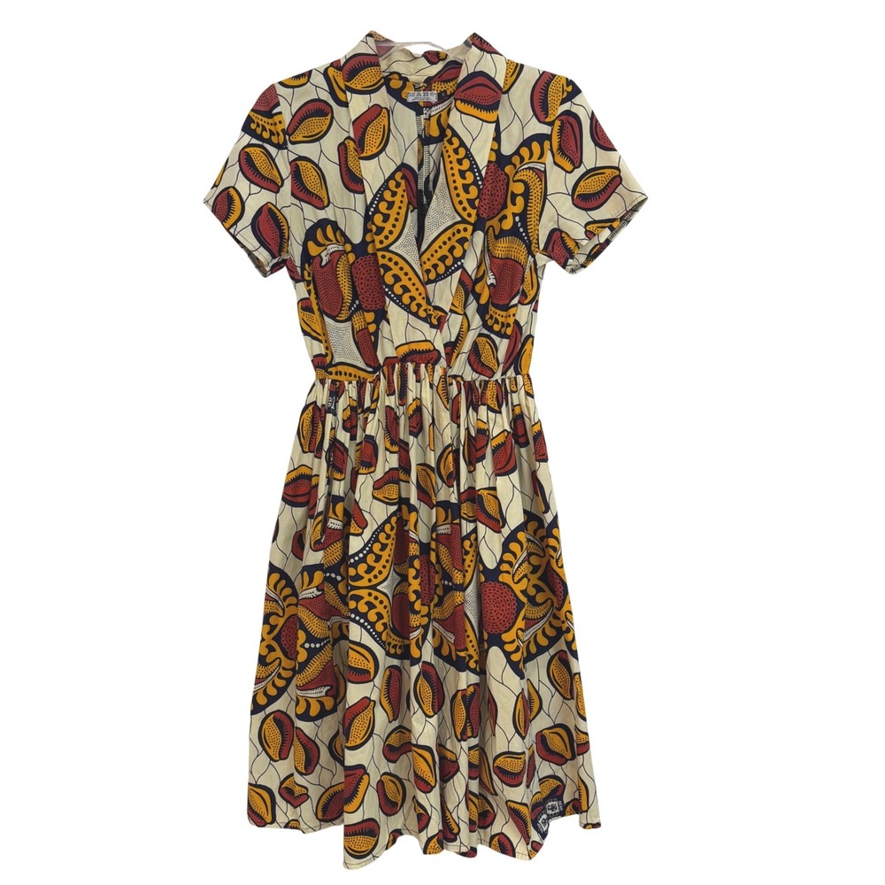 Grass-Fields African Wax Print Small Multicolor V Neck Ankara Dress Full Skirt